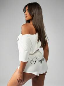 Missguided x Playboy 短款不对称肩上衣短袖时尚街头风格都市休闲家居服运动舞蹈工作室运动休闲服 - 白色 - 查看 2