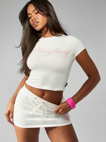 Missguided x Playboy 婴儿 T 恤修身迷你裙套装运动服春夏休闲两件套抽绳睡衣健身服 - 白色 - 查看 4