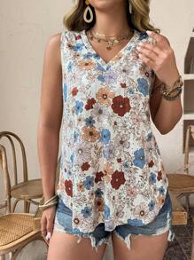 EMERY ROSE Top Elegante de Estampa Floral, Estilo Vintage, Sem Mangas, Gola com Laço, Plus Size, Primavera/Verão