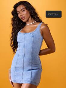 MISSGUIDED Vestido mini de mezclilla, estética retro Y2K ajustado, con tirantes elásticos en la espalda, para primavera y verano, moda urbana y de festivales - Lavado ligero - Ver 7