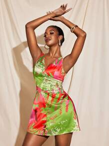 Eva Novielli 夏季热带印花缎面 V 领迷你连衣裙女式度假休闲优雅连衣裙 - 彩色 - 查看 3