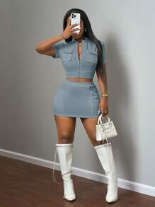 Slaydiva New Spring And Summer Casual Street Simple Small Stand-Up Collar Three-Dimensional Pocket Decoration Wide Short-Sleeved Zipper Top + Hip Mini Mini Skirt White Pit Rib Women's Two Pieces Set-B - Blue - View 4