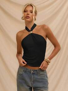 Avantive Metal Trim/Halter Neck And Off-The-Shoulder/Black Top/Formal/Back To School/Halloween/Wedding Guest/Vacation/Y2k/Beach /Cute/Teacher/Going Out/Business Casual/Elegant/Birthday/Office Outfits/Country Concert/Club/Western/Work Clothes/Streetwear/Vintage/Festival/Cocktail/Rave/Prom/Airport/Funny/Basic/Brunch Outfits/2000s Style/Bodycon/Old Money Style/Church/Homecoming/Classy/Party/Modest/Fairycore/Coquette/Date Night/Festival/Resort Wear/Baddie/Stockholm Style/Night Out