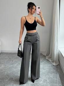 SHEIN PETITE 早春新款高腰勃艮第直筒裤搭配复古腰带，优雅设计适合日常和工作穿着女士夏装阔腿裤高腰裤灰色裤子女正装裤办公室裤