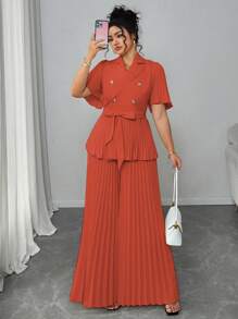 Elenzga Ensemble deux pièces femme grande taille élégant et simple d'été, avec un Top ample à manches courtes plissées et une jupe