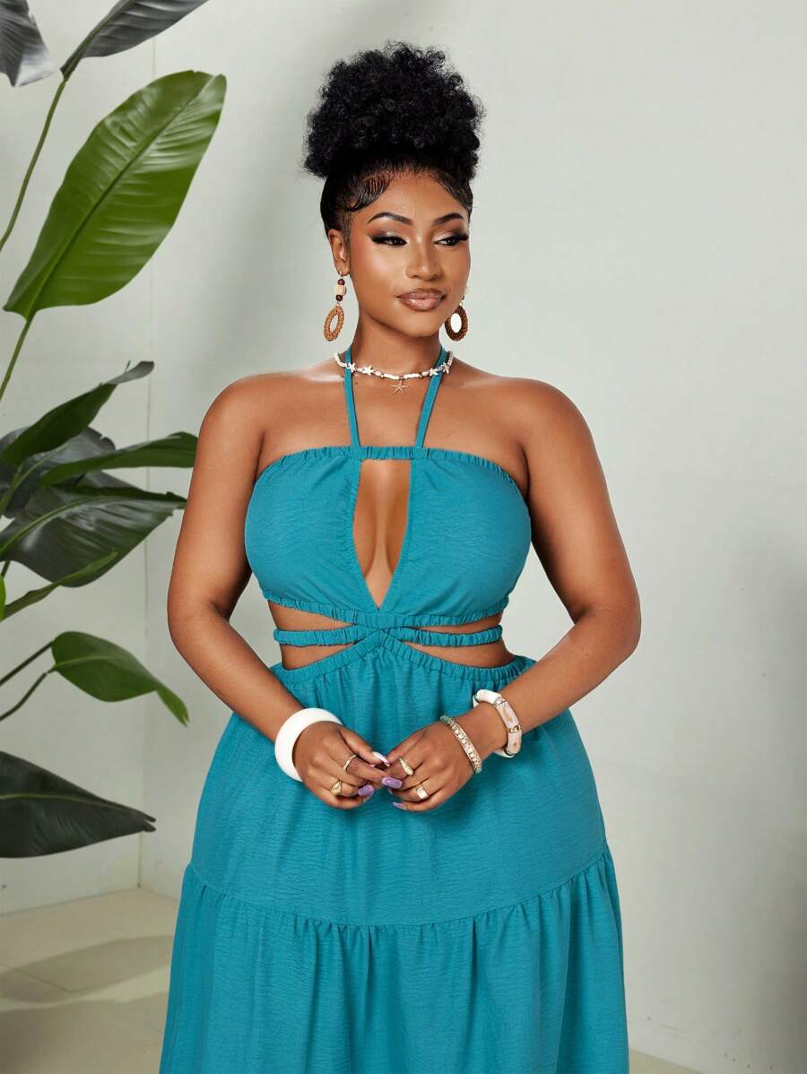 Maweii Plus Size Sleeveless Solid Color Hollow Out Ruffle Hem Dress - Blue - View 1