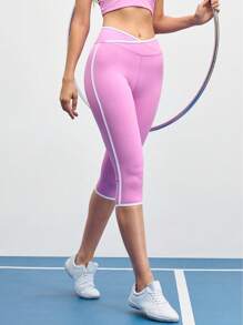 SHEIN Sports Quần legging thể thao lửng 3/4 thời trang mùa hè, phối màu tương phản, cạp chéo. - Hồng - Xem 1