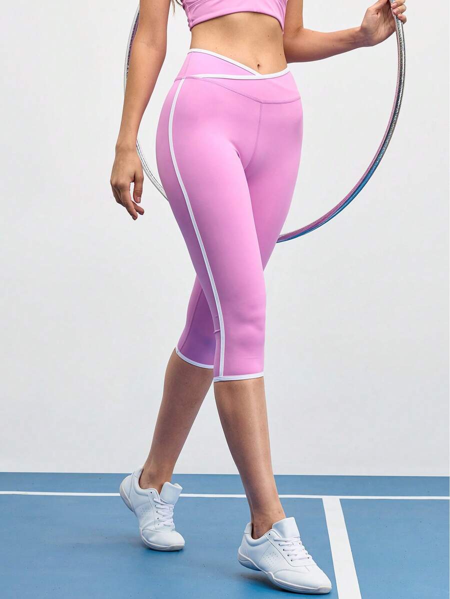 SHEIN Sports Quần legging thể thao lửng 3/4 thời trang mùa hè, phối màu tương phản, cạp chéo. - Hồng - Xem 1