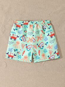Young Boy Summer Beach Vacation Cartoon Print Drawstring Waist Swim Trunks - Green - View 2
