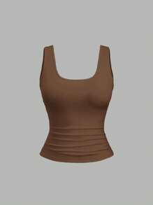 Sweetra Camiseta sin mangas casual con escote cuadrado y pliegues para mujeres de talla grande en verano