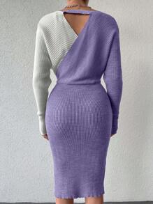 EURMUSE 女式撞色V领长袖针织毛衣裙 - 紫丁香色 - 查看 2