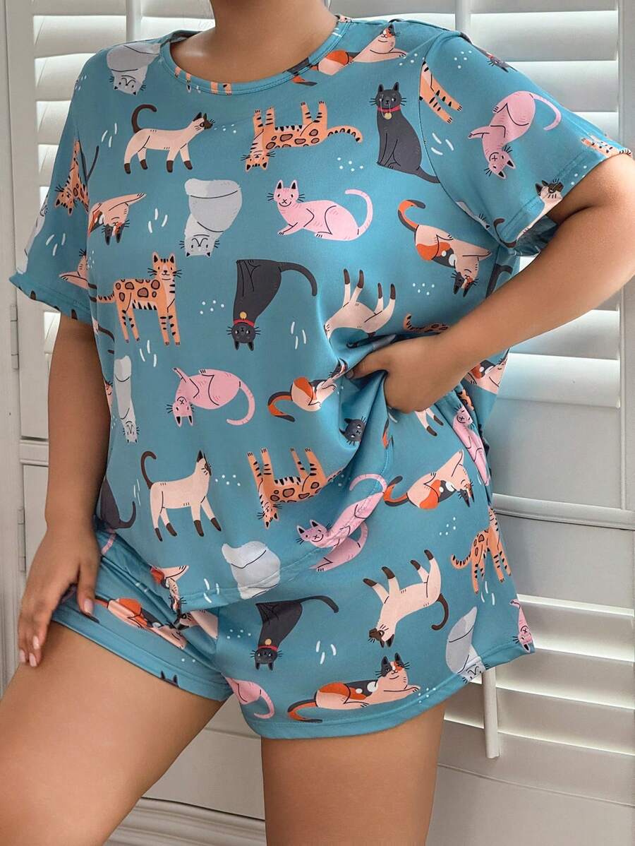 SHEIN 大码休闲家居小猫印花针织套装 - 藍色 - 查看 1