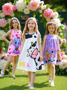 3 件套女童卡通动物印花无袖圆领休闲时尚针织连衣裙，适合夏季