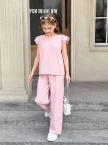SHEIN Leap Crew Tween Girl 2pcs Set: Cap Sleeve Button-Down Shirt & Wide Leg Pants - Pink - View 5