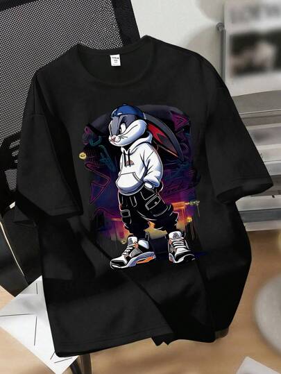 SHEIN Teen Boy Casual Cool Cartoon Rabbit With Cap Print Crew Neck Short Sleeve T-Shirt, Fashion Summer Tee