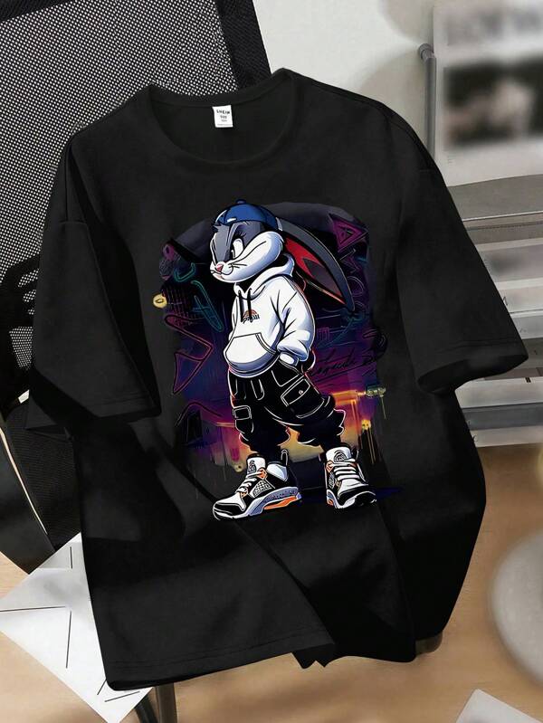 SHEIN Nastolatek Chłopięcy Casual Cool Cartoon Rabbit With Cap Print Okrągły Dekolt Krótki Rękaw T-shirt, Modny Letni T-shirt