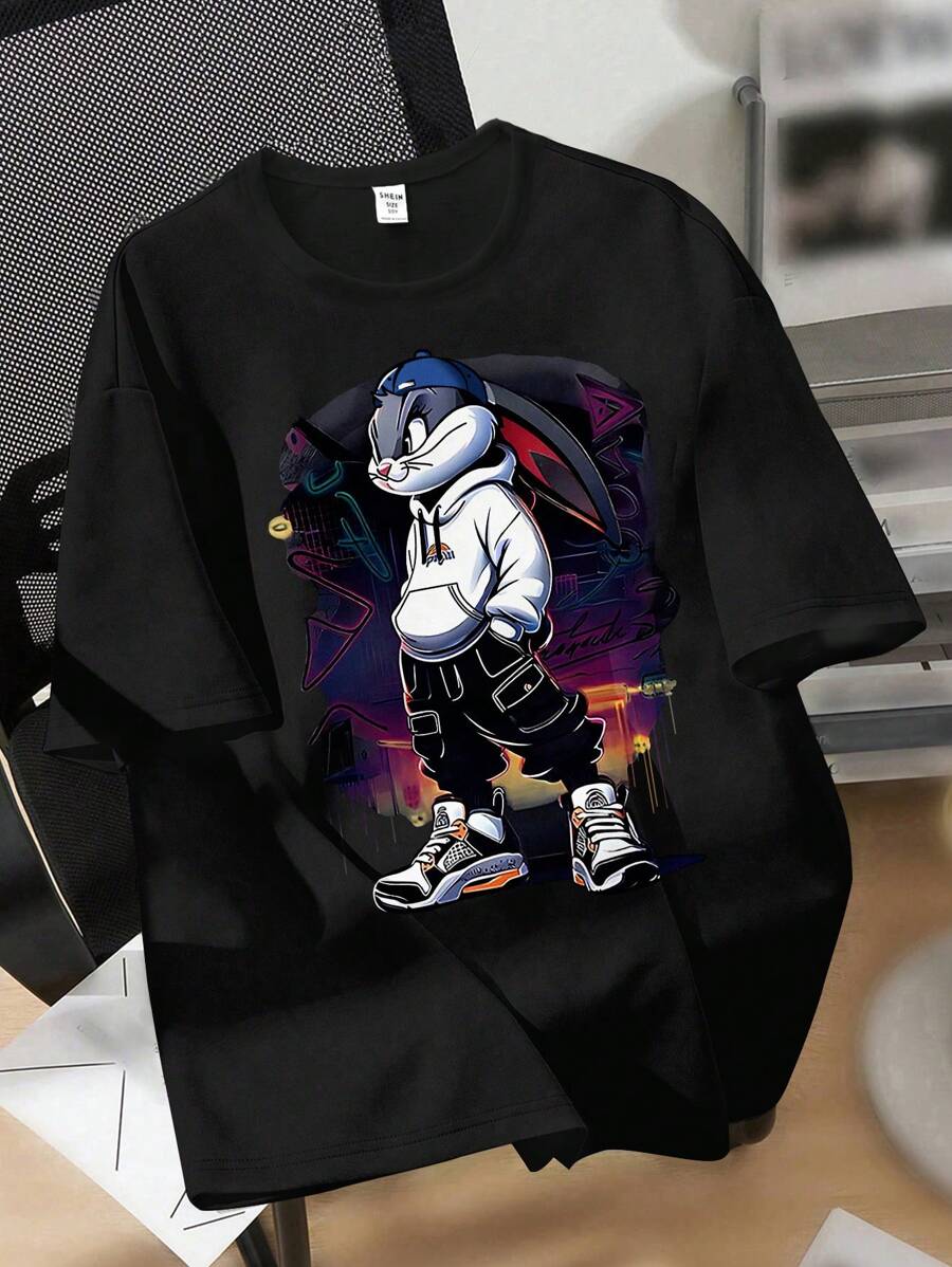 SHEIN Teen Boy Casual Cool Cartoon Rabbit With Cap Print Crew Neck Short Sleeve T-Shirt, Fashion Summer Tee
