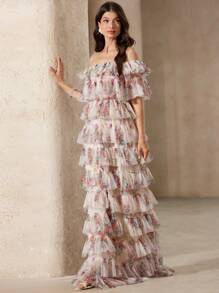 Aveloria Rosie Rose Garden-Style Pink Mesh Laser Cut Maxi Dress, Off Shoulder Tiered Ruffle Hem, 3D Mesh Fabric For Elegant Look, Waisted Design Highlights Curves, Suitable For Travel, Vacation, Parties
