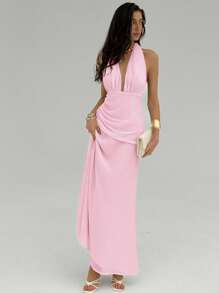 Aloruh Váy Maxi Chiffon hở lưng màu hồng thanh lịch gợi cảm cổ yếm màu mơ với đường viền cổ sâu và thiết kế nhún bèo, phù hợp cho kỳ nghỉ hè và tiệc tùng, trang phục câu lạc bộ gợi cảm cho phụ nữ - Màu Hồng baby - Xem 3