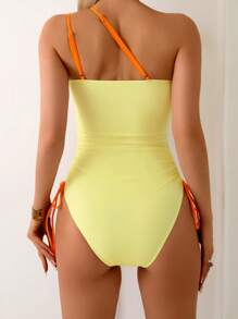 SHEIN Swim Vcay Mono de mujer con estampado floral, corte asimétrico en el hombro y cintura con cordón, traje de baño estilo playa y vacaciones - Multicolor - Ver 3
