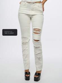 SUMWON WOMEN Distressed Ripped Boyfriend Denim Jeans Perfect For Spring Summer Casual Street Style Fashion Low Rise Cotton Stretch Destroyed White Jean - White - View 7