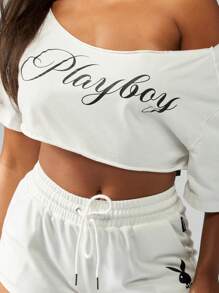 Missguided x Playboy 短款不对称肩上衣短袖时尚街头风格都市休闲家居服运动舞蹈工作室运动休闲服 - 白色 - 查看 6