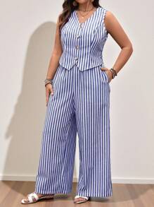 SHEIN LUNE Women Casual Striped Sleeveless Top And Striped Pants Set Festival Summer Boho Old Money Summer Outfits For Women Spring Break Rave Outfits Festival Spring Break Outfits Cotton - Multicolor - View 1