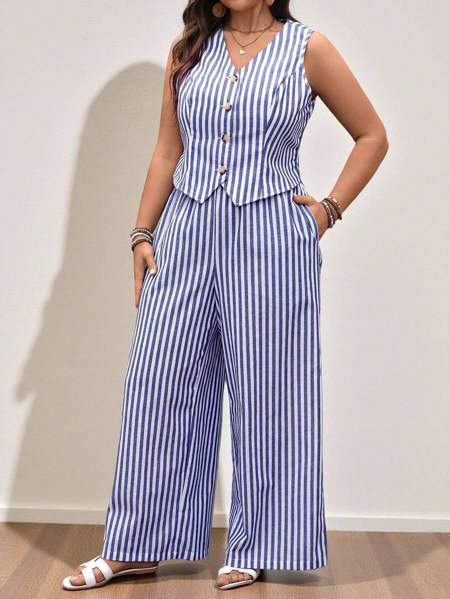 SHEIN LUNE Women Casual Striped Sleeveless Top And Striped Pants Set Festival Summer Boho Old Money Summer Outfits For Women Spring Break Rave Outfits Festival Spring Break Outfits Cotton - Multicolor - View 1