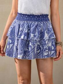 Wildy Fustă de vară pentru femei, stil american western, stil de vacanță, talie elastică, cu mai multe niveluri, asimetrică, tip boho, îmbrăcăminte pentru femei, fustă boho, fustă albastră, halat - Albastru - Vizualizare 2