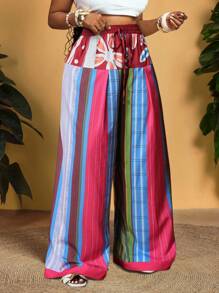 Slaydiva Pantaloni maxi lejeri, model uzat, inspirați de vacanța de primăvară/vară și festivalurile de muzică, cu imprimeu grafic multicolor, stil patchwork, pentru femei de mărime mare - Multicolor - Vizualizare 2
