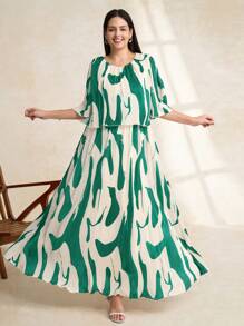 Chikora Váy hè voan xếp nếp họa tiết hình học thanh lịch cỡ lớn cho nữ - Màu xanh lá cây đậm - Xem 5