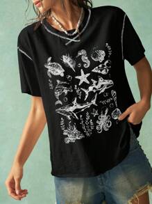 Bohemela T-shirt femme à manches courtes, col ras du cou, ample, imprimé océan, style vacances d'été