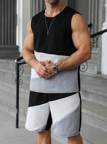Manfinity Homme Plus Size Men's Casual Textured Color Block Tank Top & Shorts Set