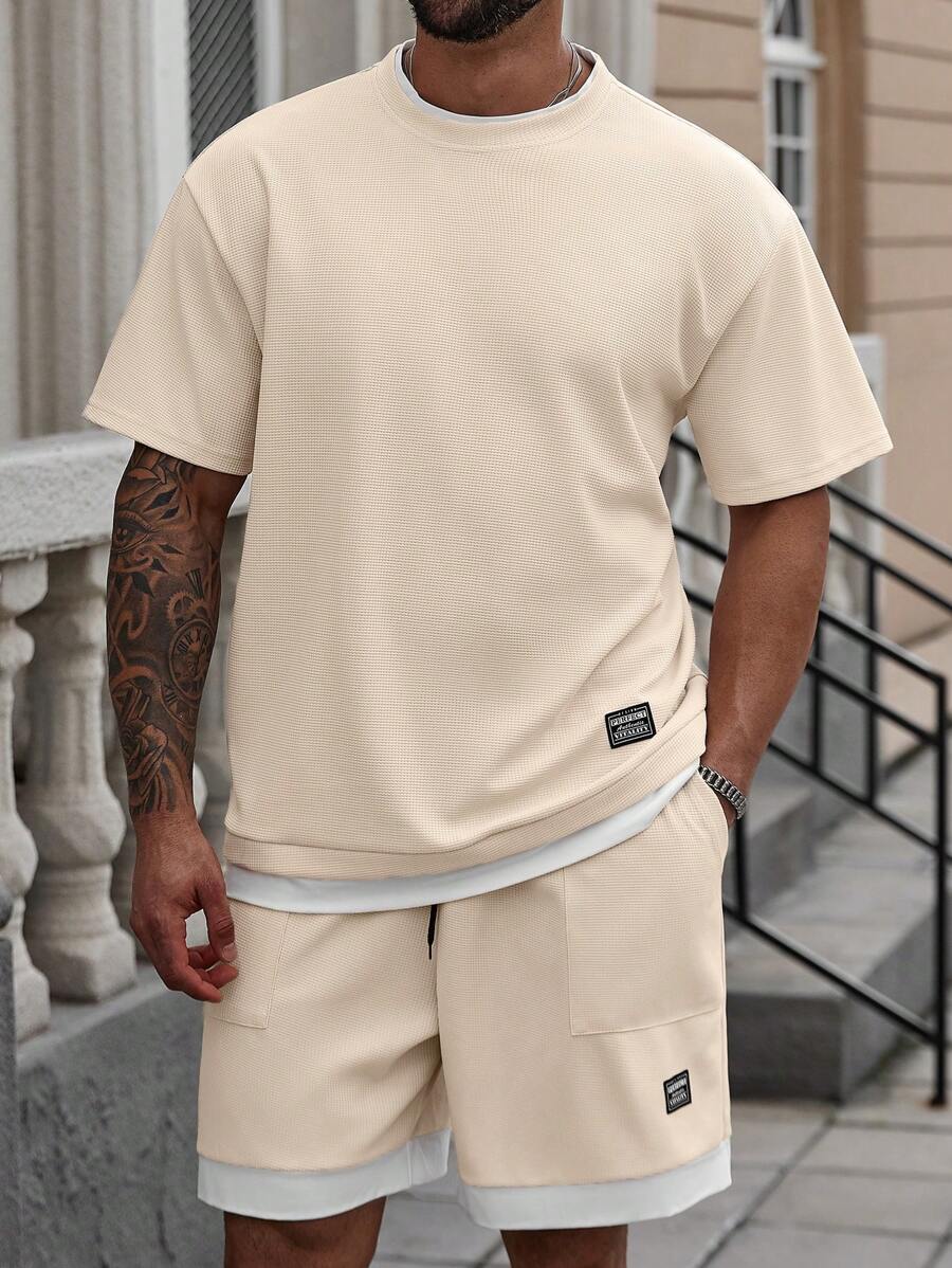 Manfinity Homme Plus Size Men's Waffle Patchwork Crew Neck T-Shirt & Shorts Set
