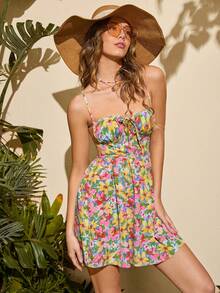 Soleia Allover Floral Print Knot Front Ruched Bust Tie Backless Cami Dress Sundress,Summer Dresses For Women