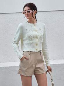 EURMUSE Kardigan z aplikacją kwiatową, zapinany na guziki, z okrągłym dekoltem i miękką dzianinową fakturą