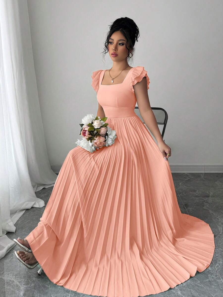 Vestido de verano de mujer con cuello cuadrado, cintura plisada y bajo plisado, de unicolor y elegante - Naranja - Ver 1