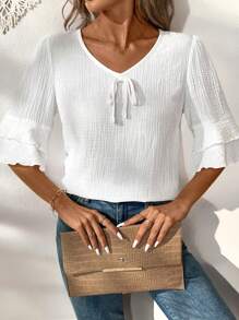 SHEIN PETITE Women's Summer Solid Color Textured Fabric V-Neck Casual Ruffle Sleeve Linen Blouse - White - View 6