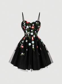 SHEIN MOD Black A-Line Spaghetti Strap Mesh Floral Embroidery Midi Dress, Graduation Dress - Black - View 1