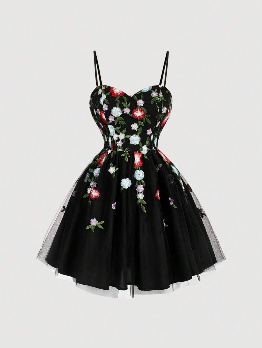 SHEIN MOD Black A-Line Spaghetti Strap Mesh Floral Embroidery Midi Dress, Graduation Dress - Black - View 1