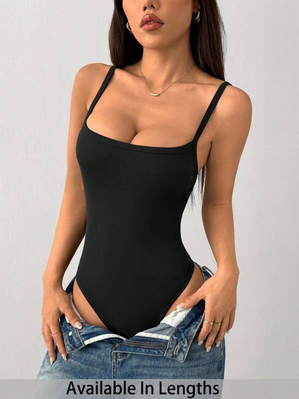 SHEIN PETITE CURVE Plus Size Black Rib-Knit Bodysuit Sleeveless Spaghetti Strap Casual Knitted Fabric Tank Top For Women