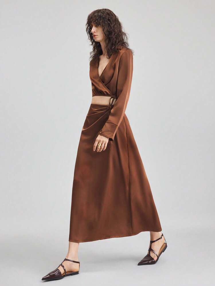 2-Piece Set: Surplice Neck Wrap Tie Crop Top And Skirt, Women's New Autumn Fashion, Y2K Aesthetic Country Style Office Casual Outfit For Date, Travel, Party, Spring/Summer/Fall