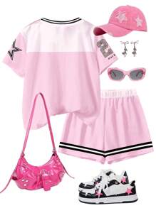 SHEIN 街头风骑行服。豹纹、23号和星星图案赛车服。少女休闲简约拼色圆领短袖T恤和短裤两件套，适合春夏季节 - 彩色 - 查看 2