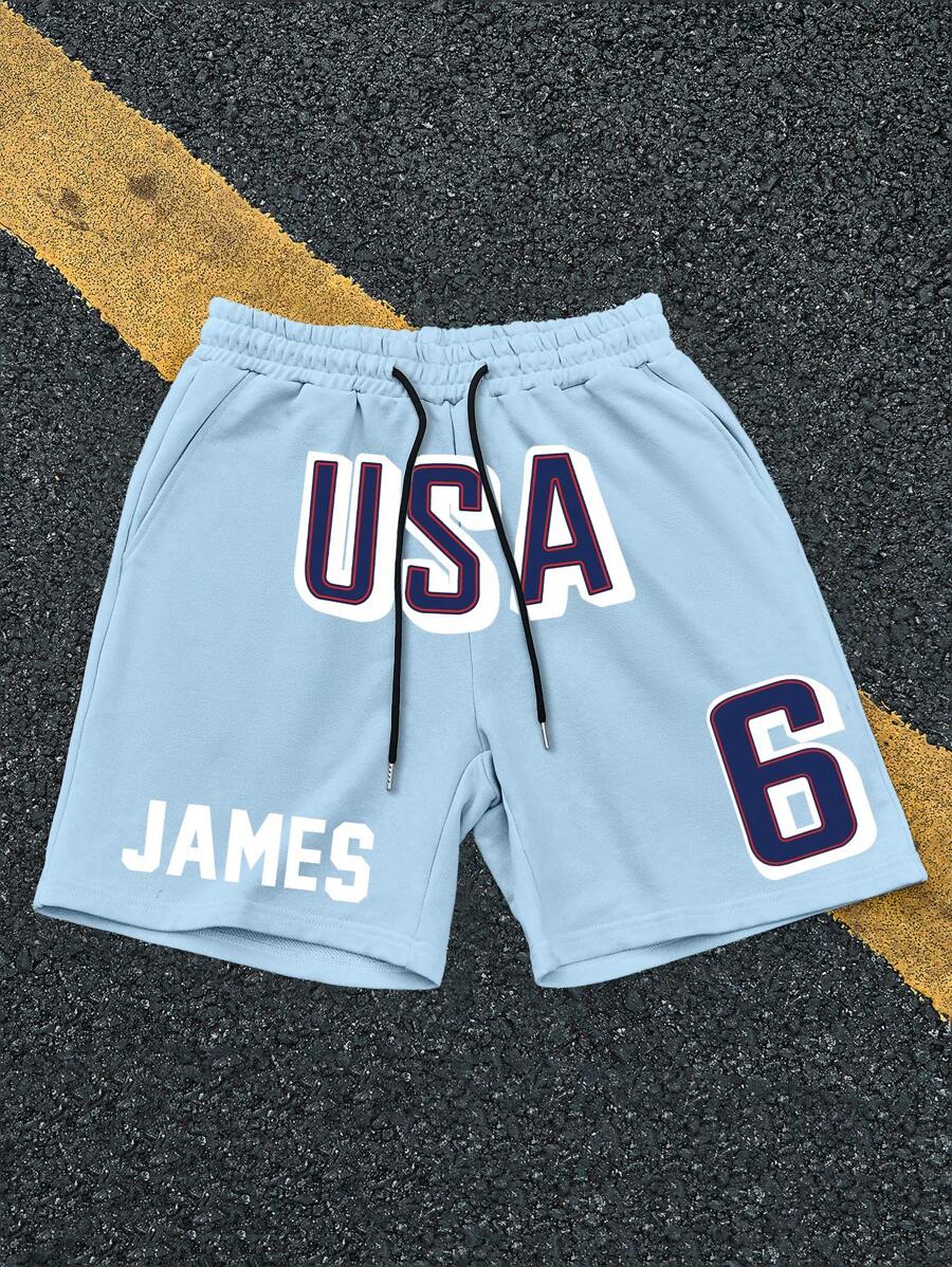 Aesthetic Post--Plus Size Men's USA Themed Sports Shorts. Wear These Patriotic Shorts To Show Your National Pride! The Blue Shorts With White Letters Showcase Team Spirit, While The "JAMES" And "6" Numbers Express Your Personalized. Made Of Comfortable Fabric Suitable For Various Sports Occasions. Whether It's Basketball Or Street Style, These Shorts Will Make You The Center Of Attention And Demonstrate Your Vitality And Style! - Blue - View 1