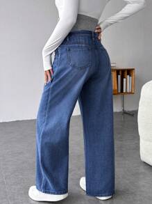 SHEIN Maternity Casual Loose Straight Leg Jeans With Patchwork Waistband - Dark Wash - View 2