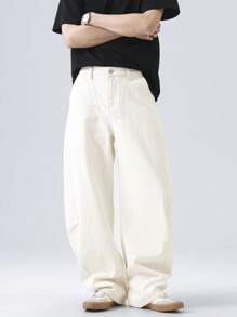 Manfinity EZcore 男士休闲阔腿口袋宽松牛仔裤，百搭 - 杏色 - 查看 5