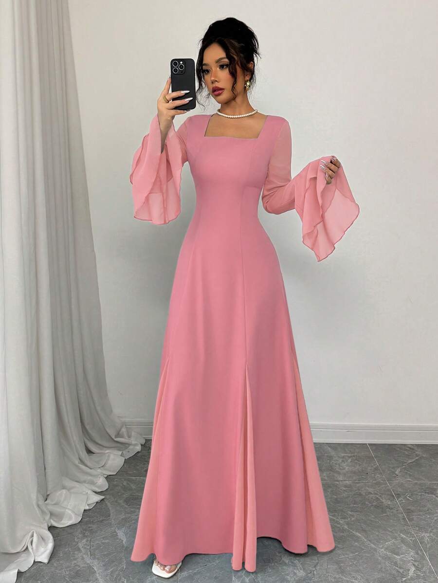 Rafferiza Blue Square Neck Layered Ruffle Sleeve Loose Midi Dress For Women Fall Cloth For Women - Pink - View 1