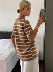 Livesso Women's Casual Sporty Contrast Striped Loose Short Sleeve Crew Neck T-Shirt, Summer