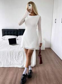 SHEIN EZwear White Knit Mesh Women Mini Dress,Tea Party Dress,Summer Dresses For Women,Business Casual Woman