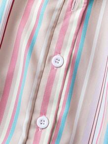 Sweetra Plus Size Women's Short Sleeve Simple Striped Fitted Casual Shirt - Brown - View 4